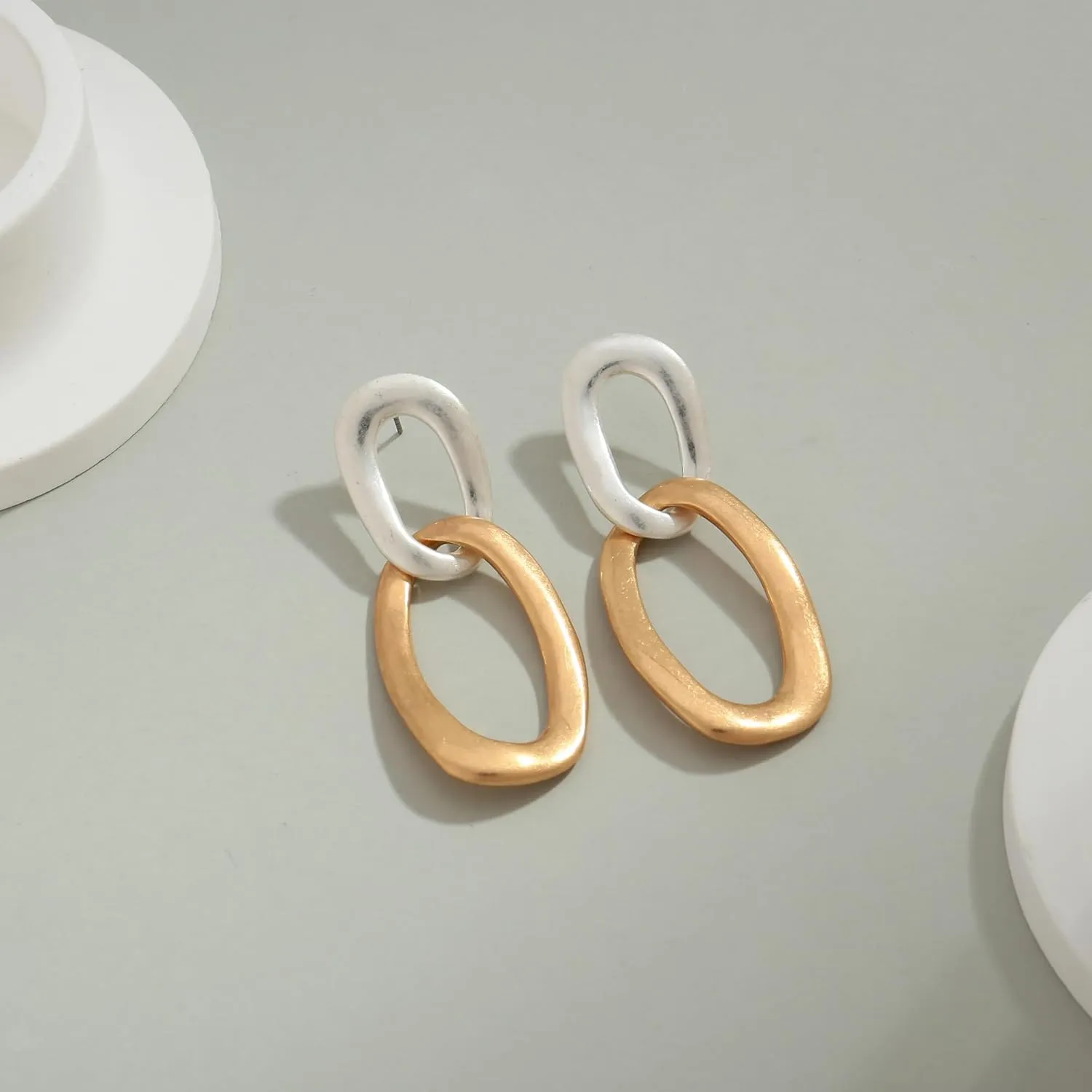 WOWORAMA Two Tone Dangle Earrings for Women Gold and Silver Circle Link Drop Earrings Boho Vintage Statement Geometric Earrings Fashion Jewelry