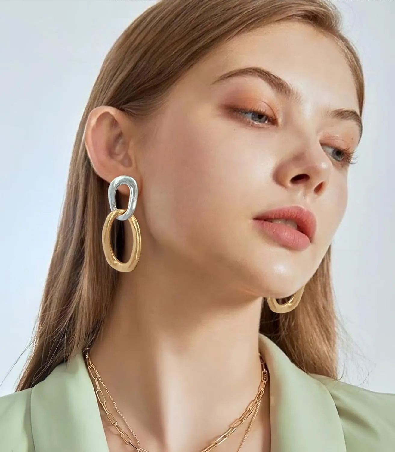 WOWORAMA Two Tone Dangle Earrings for Women Gold and Silver Circle Link Drop Earrings Boho Vintage Statement Geometric Earrings Fashion Jewelry
