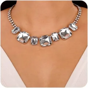 Xerling Big Crystal Pendant Chain Necklaces Silver Chunky Necklaces for Women Layered Rhinestones Choker Necklace