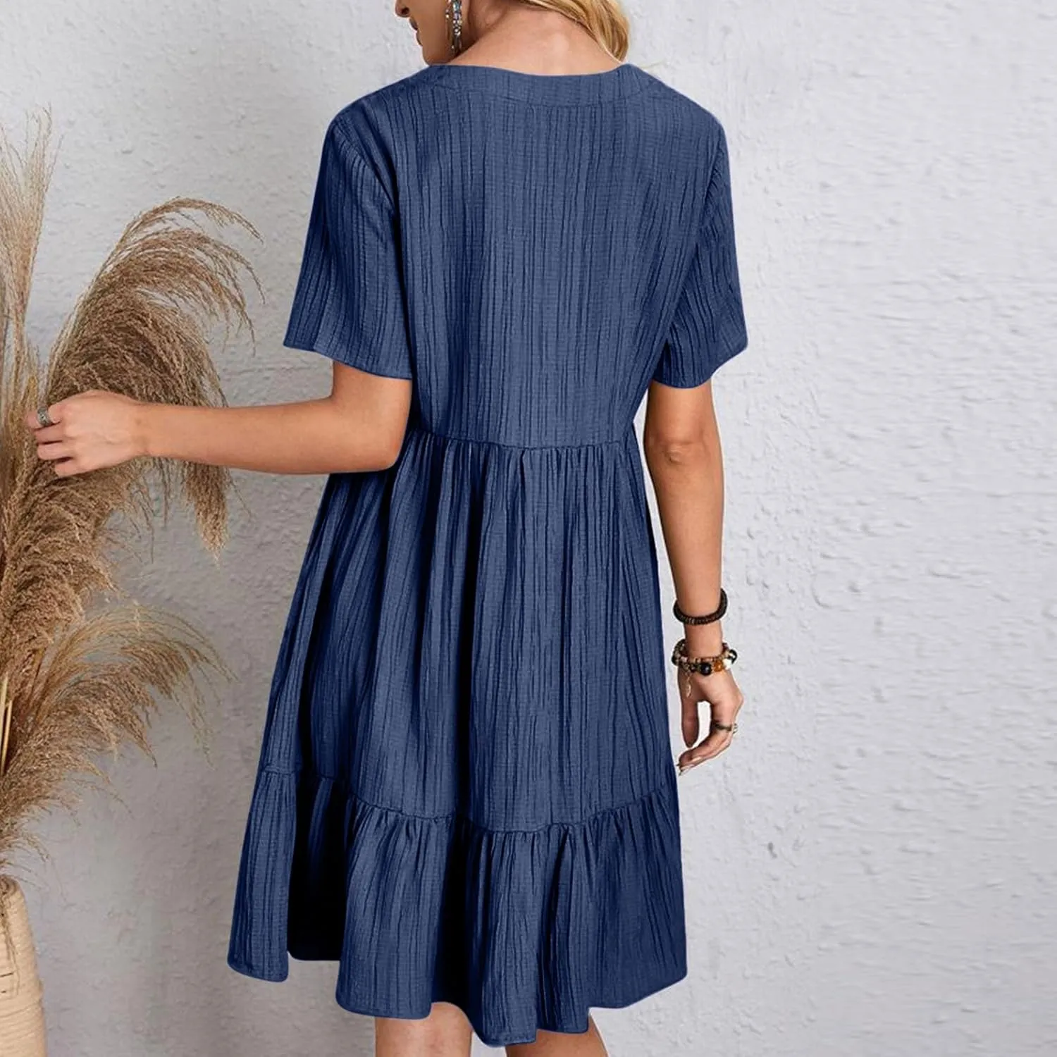 XUNRYAN 2025 Summer Womens Dress V Neck Short Sleeve Mini Dresses Flowy Tiered Ruffle Casual Beach Vacation Sundress Outfit