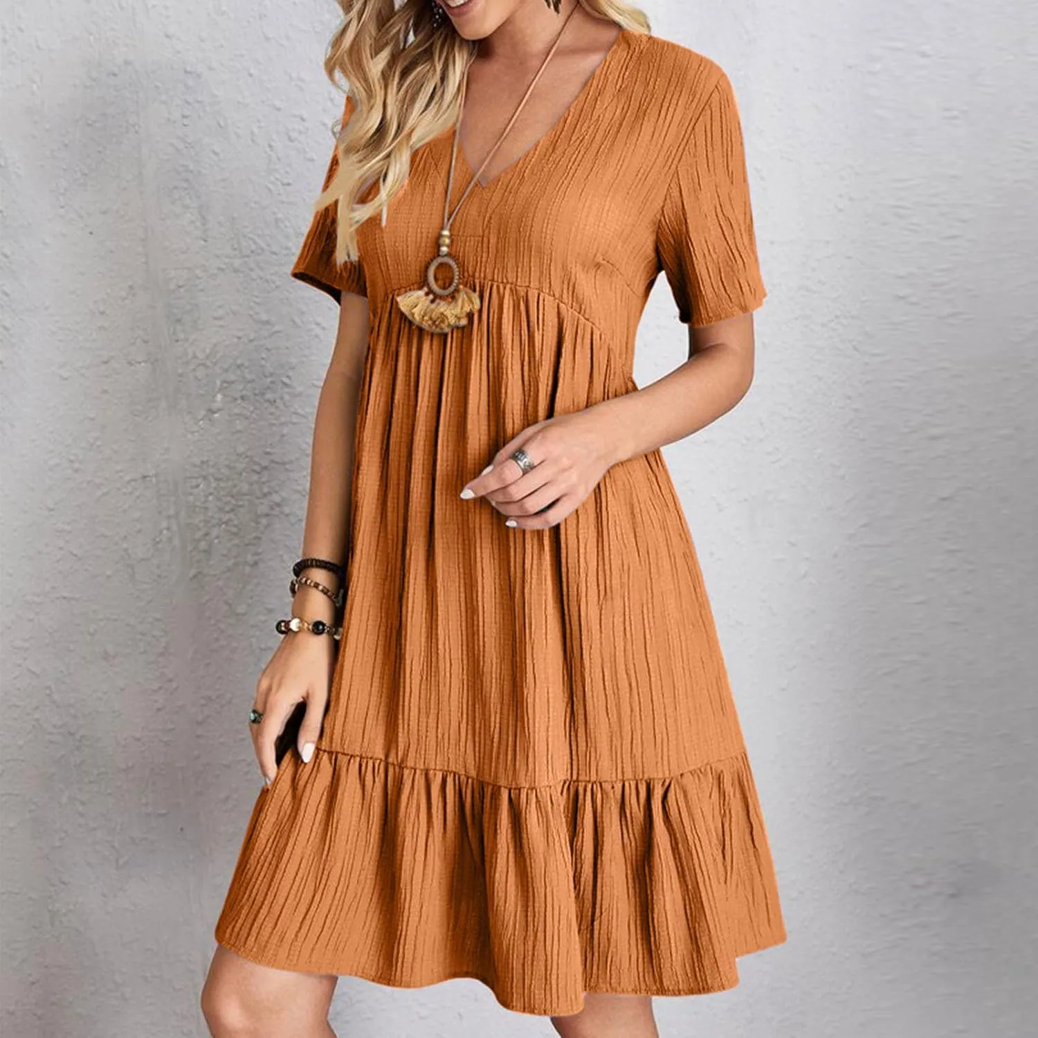 XUNRYAN 2025 Summer Womens Dress V Neck Short Sleeve Mini Dresses Flowy Tiered Ruffle Casual Beach Vacation Sundress Outfit