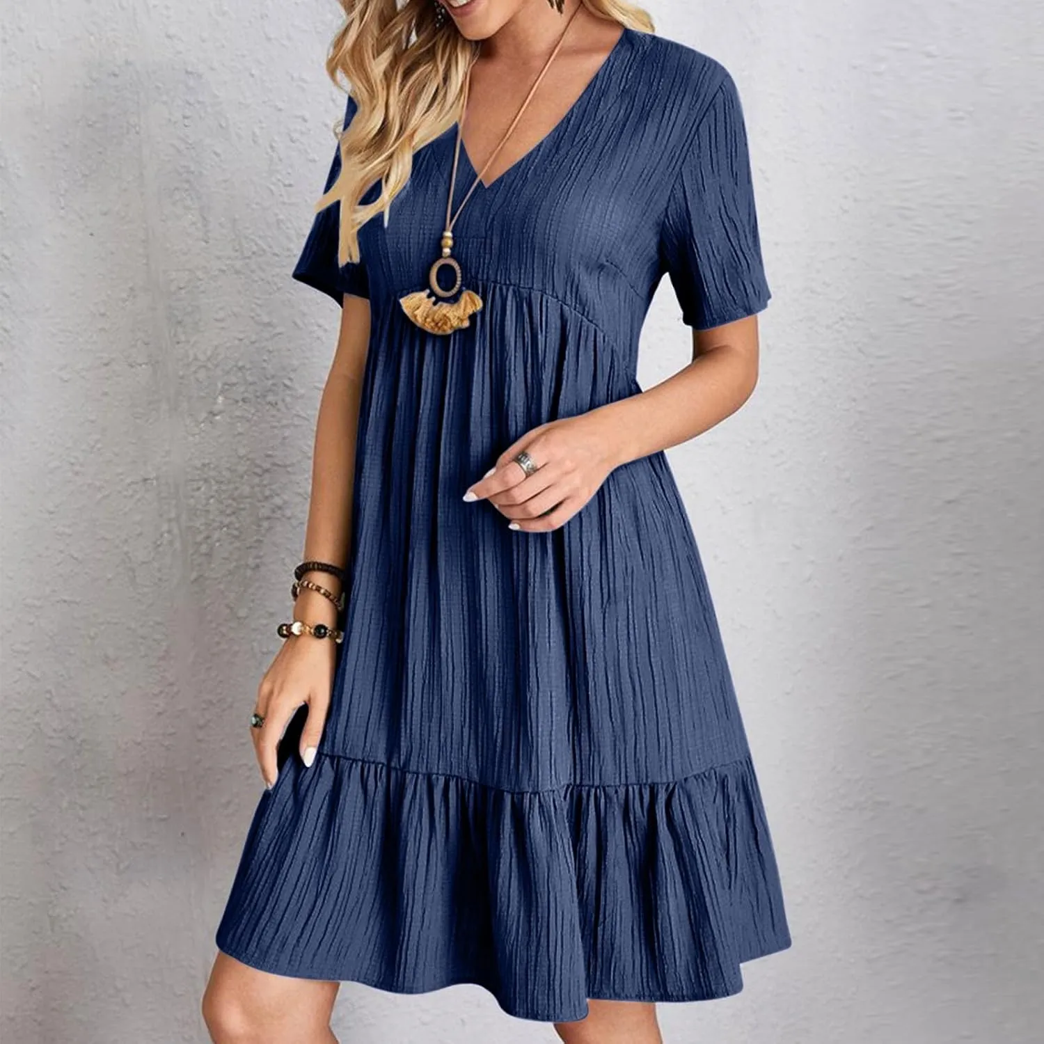 XUNRYAN 2025 Summer Womens Dress V Neck Short Sleeve Mini Dresses Flowy Tiered Ruffle Casual Beach Vacation Sundress Outfit