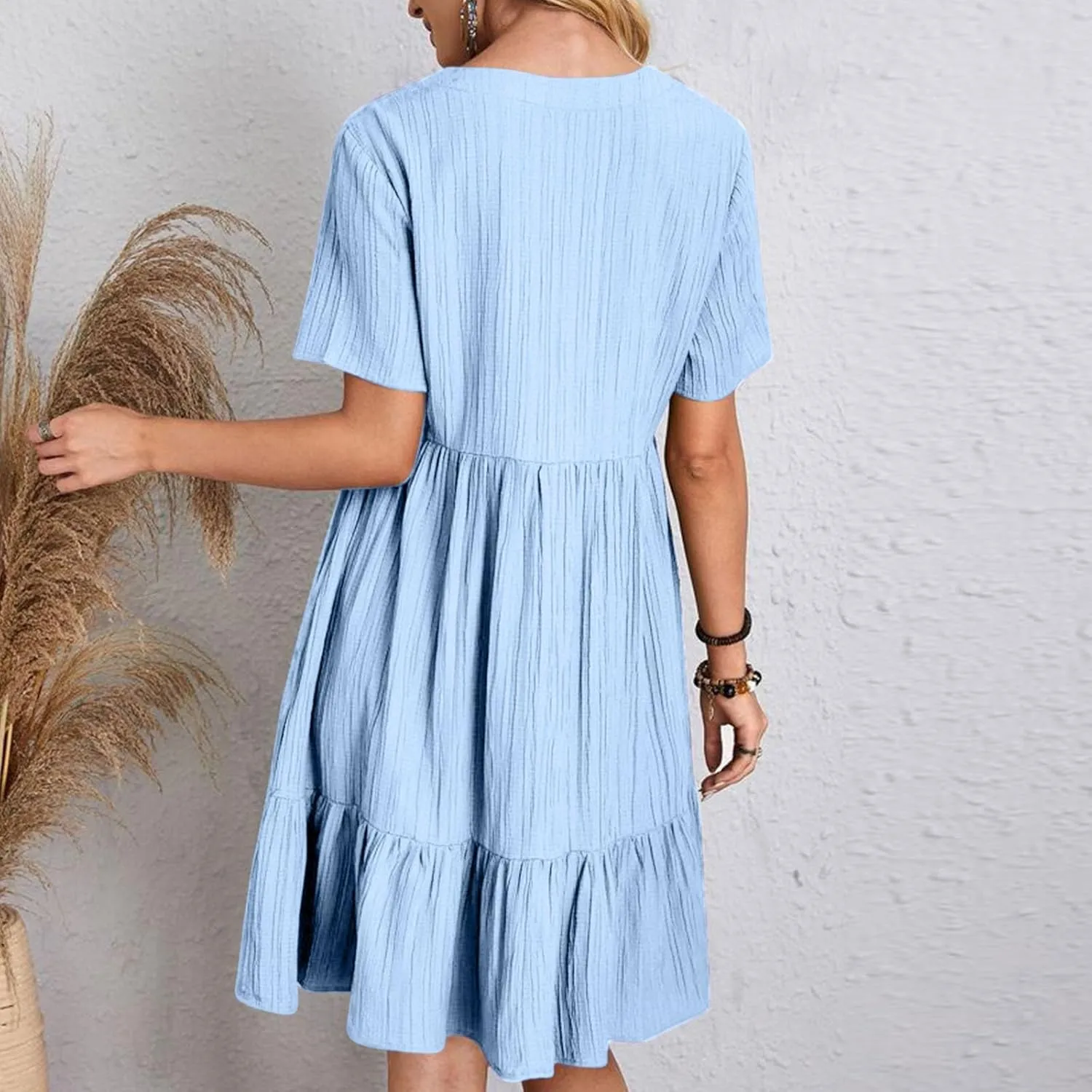XUNRYAN 2025 Summer Womens Dress V Neck Short Sleeve Mini Dresses Flowy Tiered Ruffle Casual Beach Vacation Sundress Outfit
