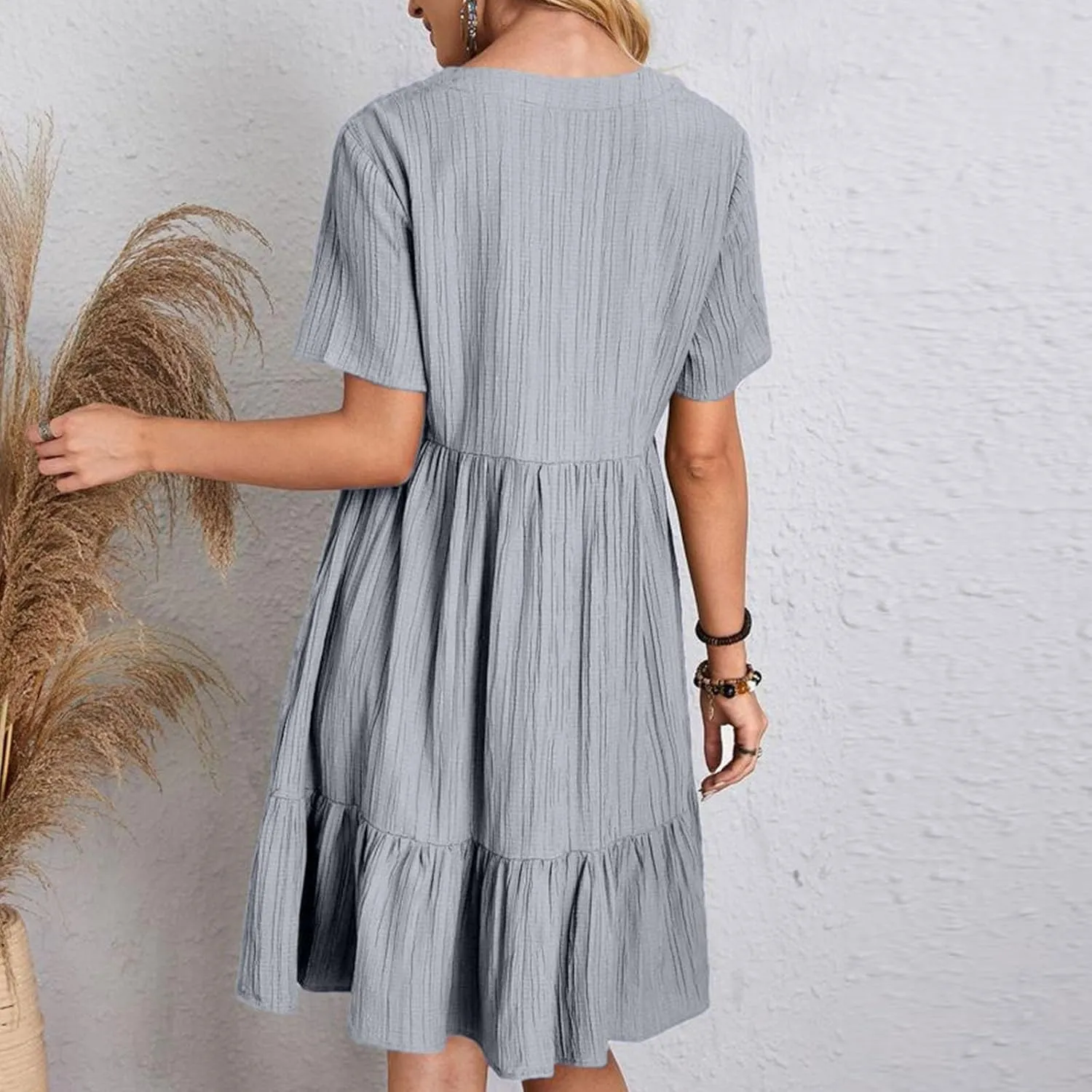 XUNRYAN 2025 Summer Womens Dress V Neck Short Sleeve Mini Dresses Flowy Tiered Ruffle Casual Beach Vacation Sundress Outfit