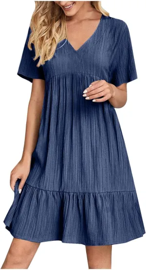 XUNRYAN 2025 Summer Womens Dress V Neck Short Sleeve Mini Dresses Flowy Tiered Ruffle Casual Beach Vacation Sundress Outfit