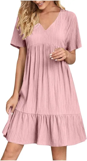 XUNRYAN 2025 Summer Womens Dress V Neck Short Sleeve Mini Dresses Flowy Tiered Ruffle Casual Beach Vacation Sundress Outfit