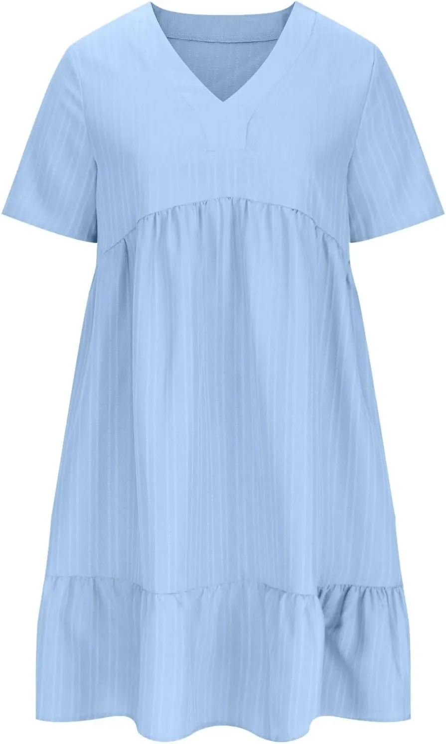 XUNRYAN 2025 Summer Womens Dress V Neck Short Sleeve Mini Dresses Flowy Tiered Ruffle Casual Beach Vacation Sundress Outfit