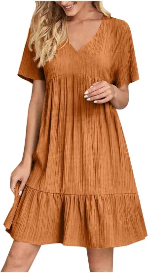 XUNRYAN 2025 Summer Womens Dress V Neck Short Sleeve Mini Dresses Flowy Tiered Ruffle Casual Beach Vacation Sundress Outfit