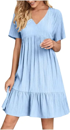 XUNRYAN 2025 Summer Womens Dress V Neck Short Sleeve Mini Dresses Flowy Tiered Ruffle Casual Beach Vacation Sundress Outfit