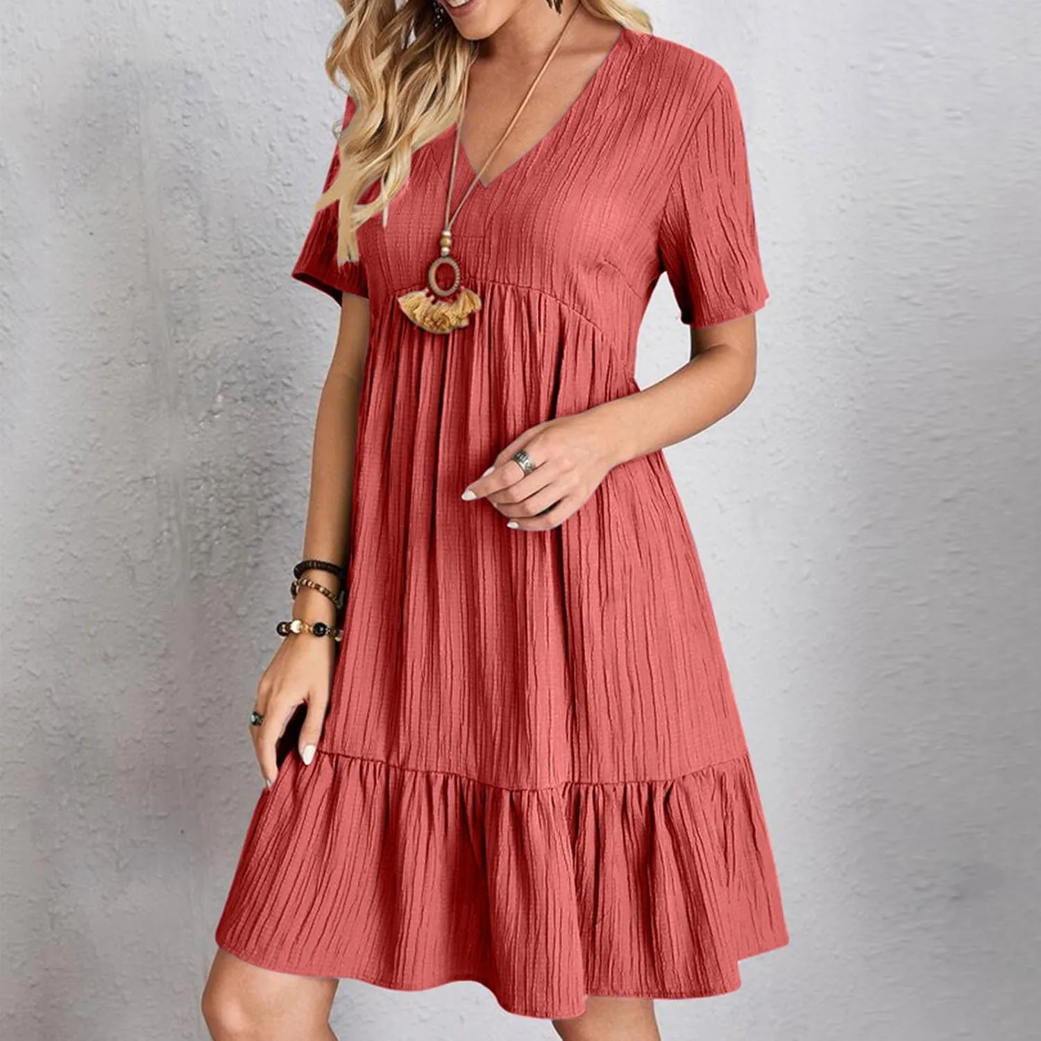 XUNRYAN 2025 Summer Womens Dress V Neck Short Sleeve Mini Dresses Flowy Tiered Ruffle Casual Beach Vacation Sundress Outfit