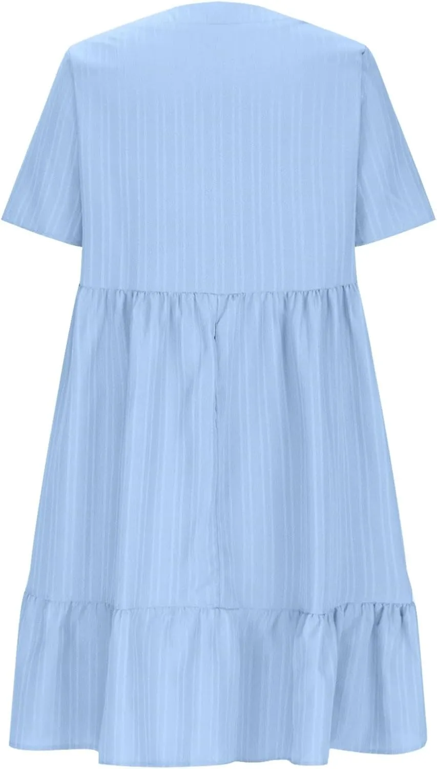 XUNRYAN 2025 Summer Womens Dress V Neck Short Sleeve Mini Dresses Flowy Tiered Ruffle Casual Beach Vacation Sundress Outfit