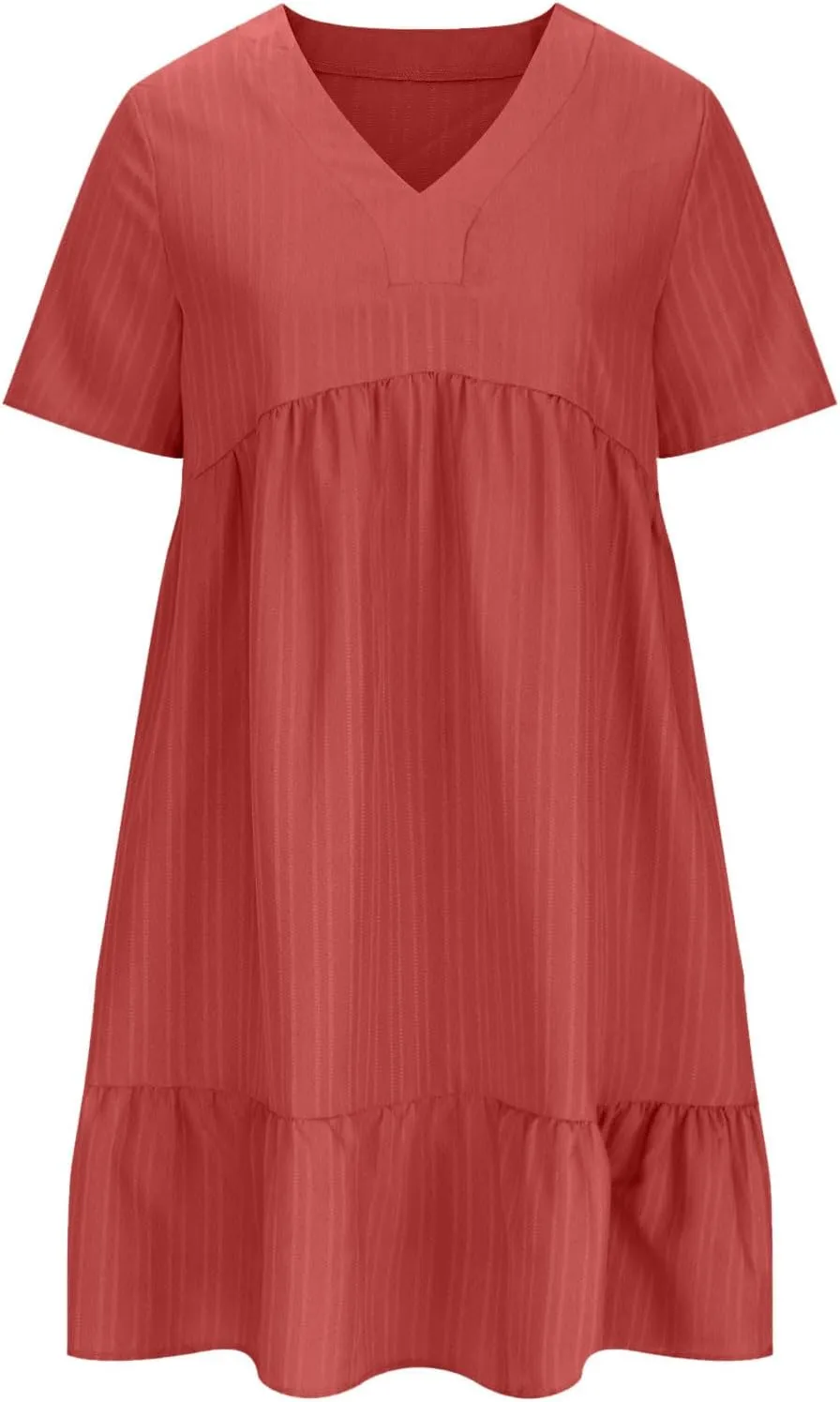 XUNRYAN 2025 Summer Womens Dress V Neck Short Sleeve Mini Dresses Flowy Tiered Ruffle Casual Beach Vacation Sundress Outfit