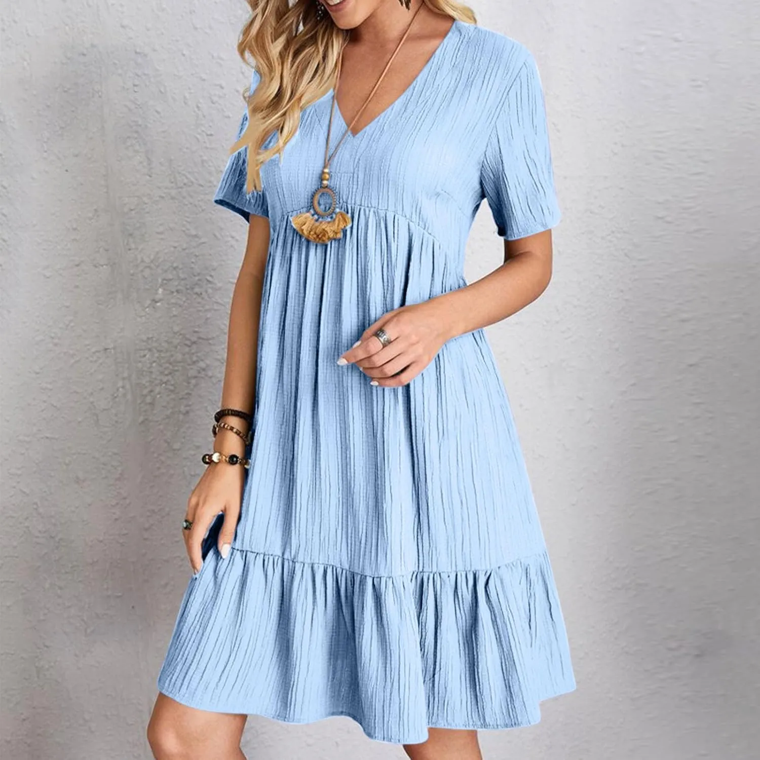 XUNRYAN 2025 Summer Womens Dress V Neck Short Sleeve Mini Dresses Flowy Tiered Ruffle Casual Beach Vacation Sundress Outfit