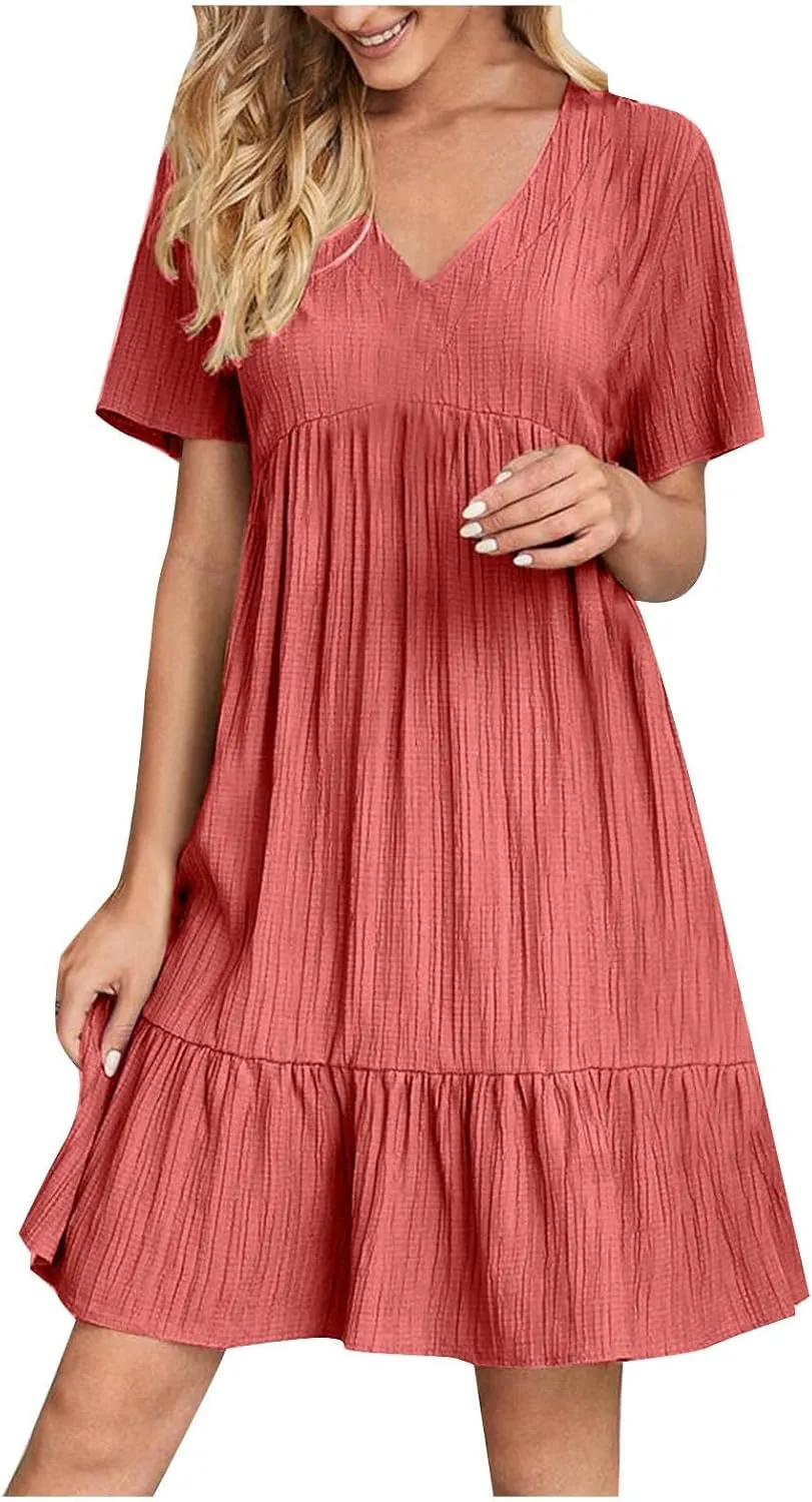 XUNRYAN 2025 Summer Womens Dress V Neck Short Sleeve Mini Dresses Flowy Tiered Ruffle Casual Beach Vacation Sundress Outfit