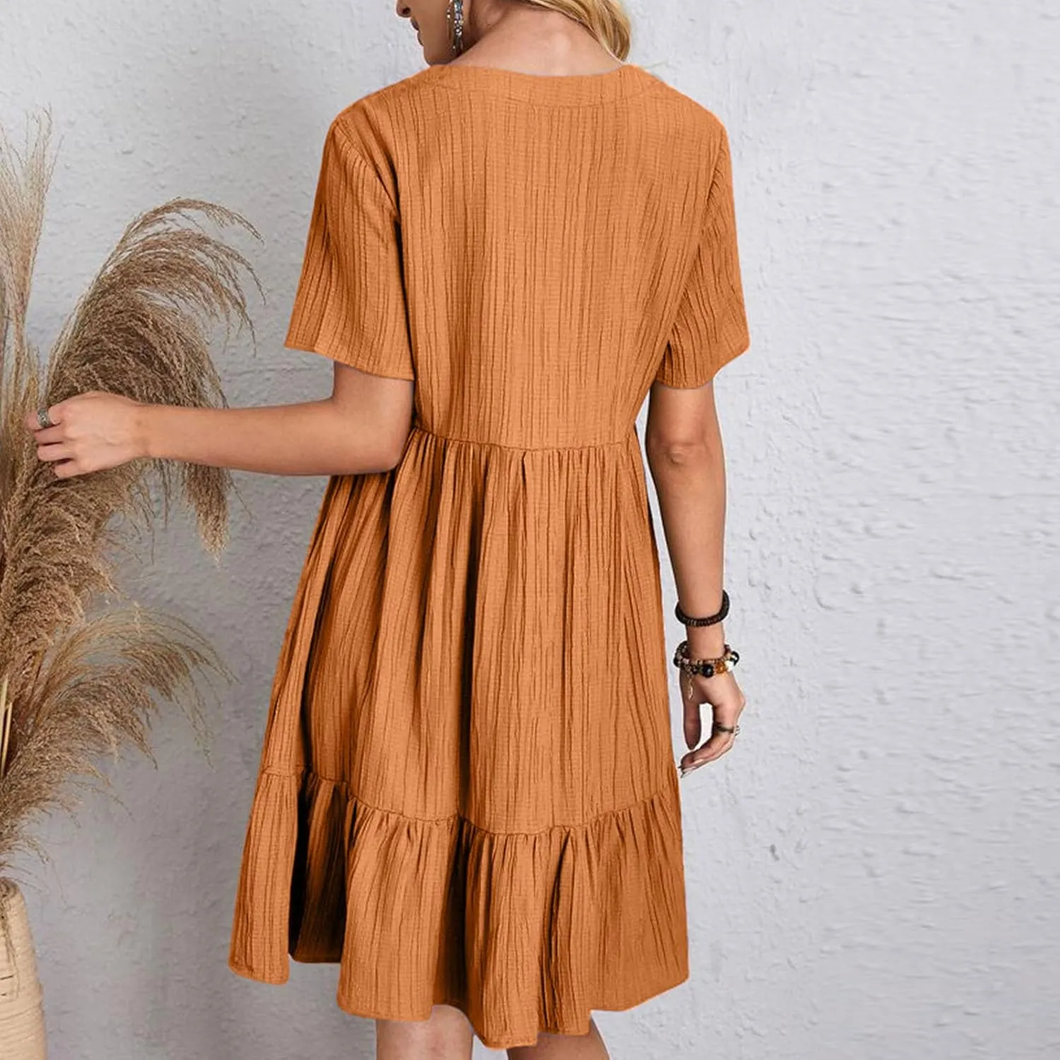 XUNRYAN 2025 Summer Womens Dress V Neck Short Sleeve Mini Dresses Flowy Tiered Ruffle Casual Beach Vacation Sundress Outfit