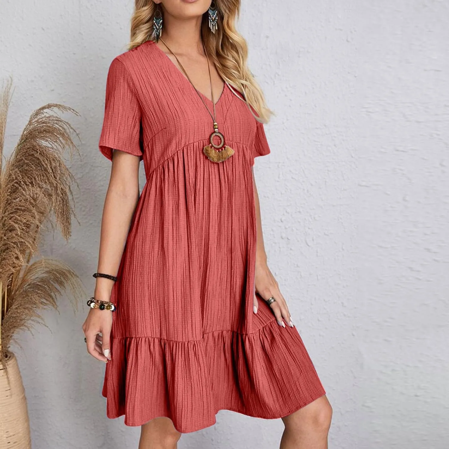 XUNRYAN 2025 Summer Womens Dress V Neck Short Sleeve Mini Dresses Flowy Tiered Ruffle Casual Beach Vacation Sundress Outfit