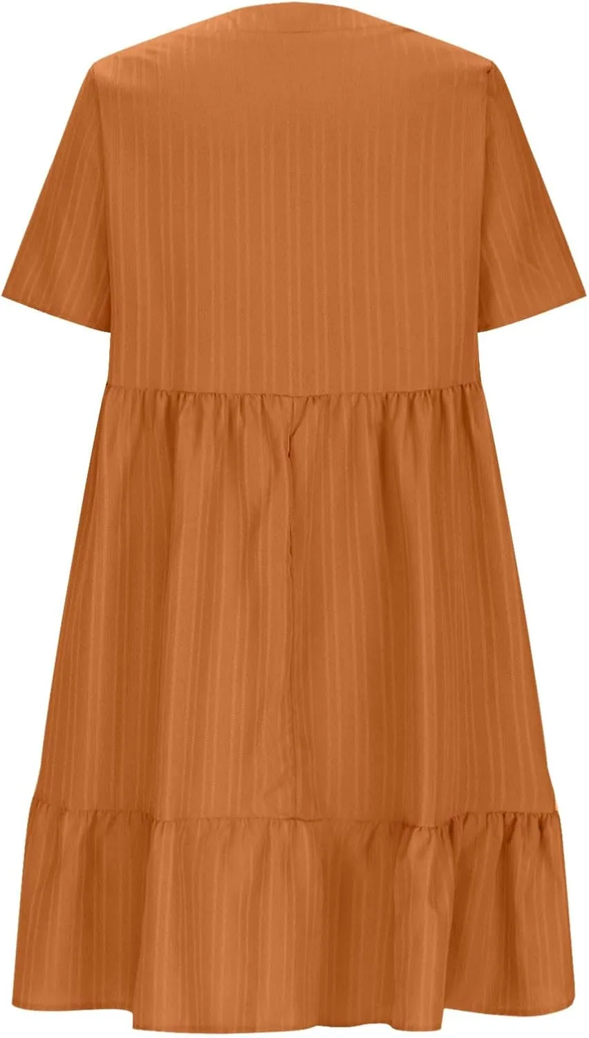 XUNRYAN 2025 Summer Womens Dress V Neck Short Sleeve Mini Dresses Flowy Tiered Ruffle Casual Beach Vacation Sundress Outfit