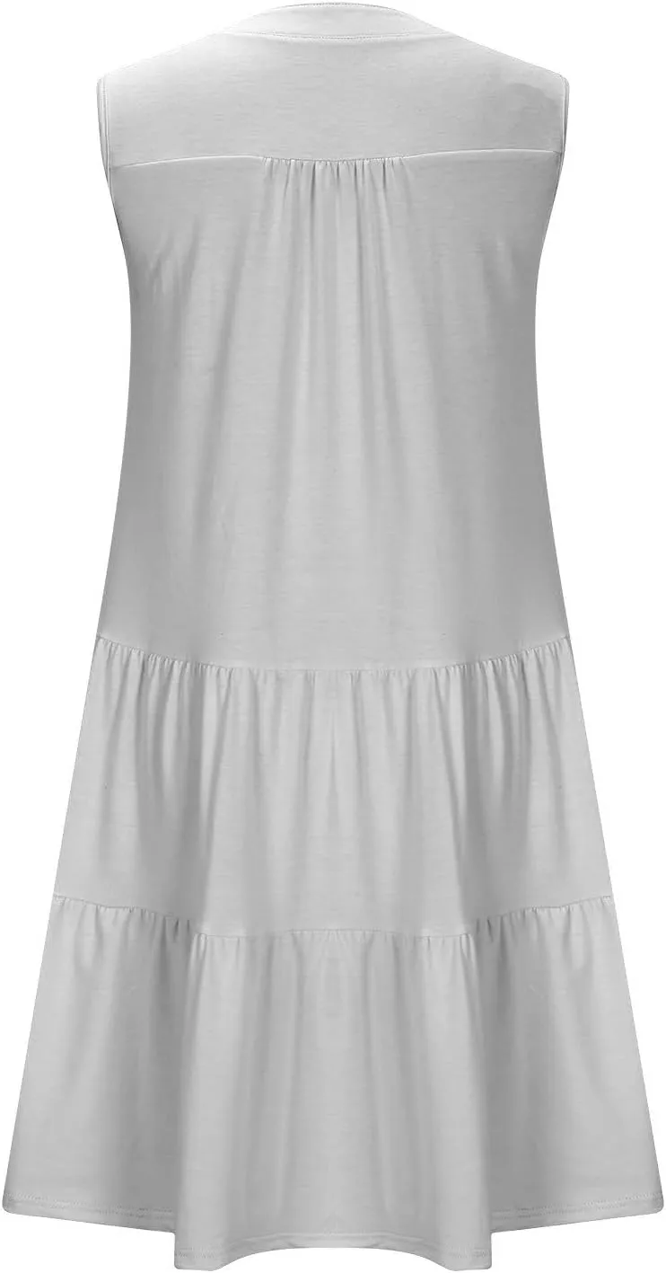 XUNRYAN Womens Tank Dresses Summer Casual Sleeveless V-Neck Tiered Ruffle Flowy Mini Dress Pockets Beach Vacation Outfit