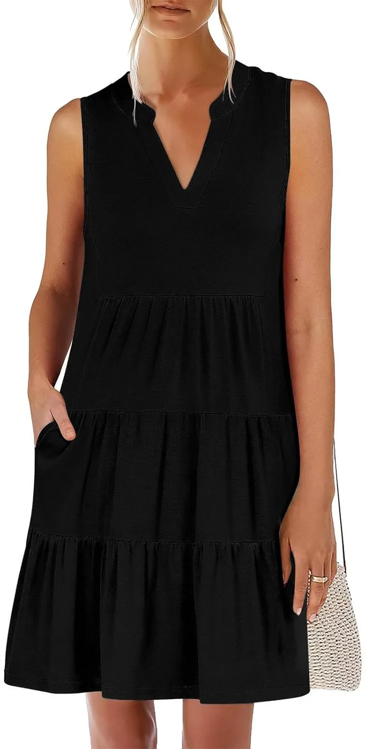 XUNRYAN Womens Tank Dresses Summer Casual Sleeveless V-Neck Tiered Ruffle Flowy Mini Dress Pockets Beach Vacation Outfit