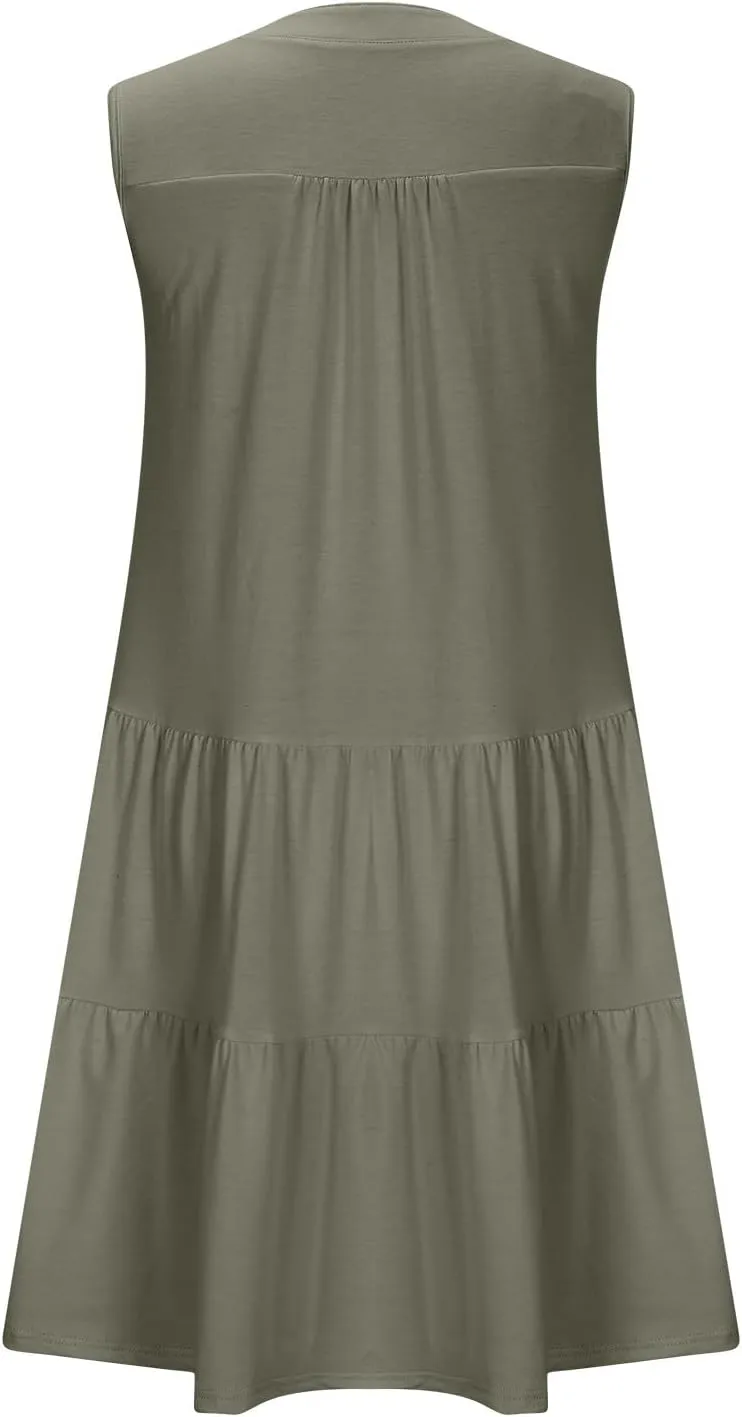 XUNRYAN Womens Tank Dresses Summer Casual Sleeveless V-Neck Tiered Ruffle Flowy Mini Dress Pockets Beach Vacation Outfit