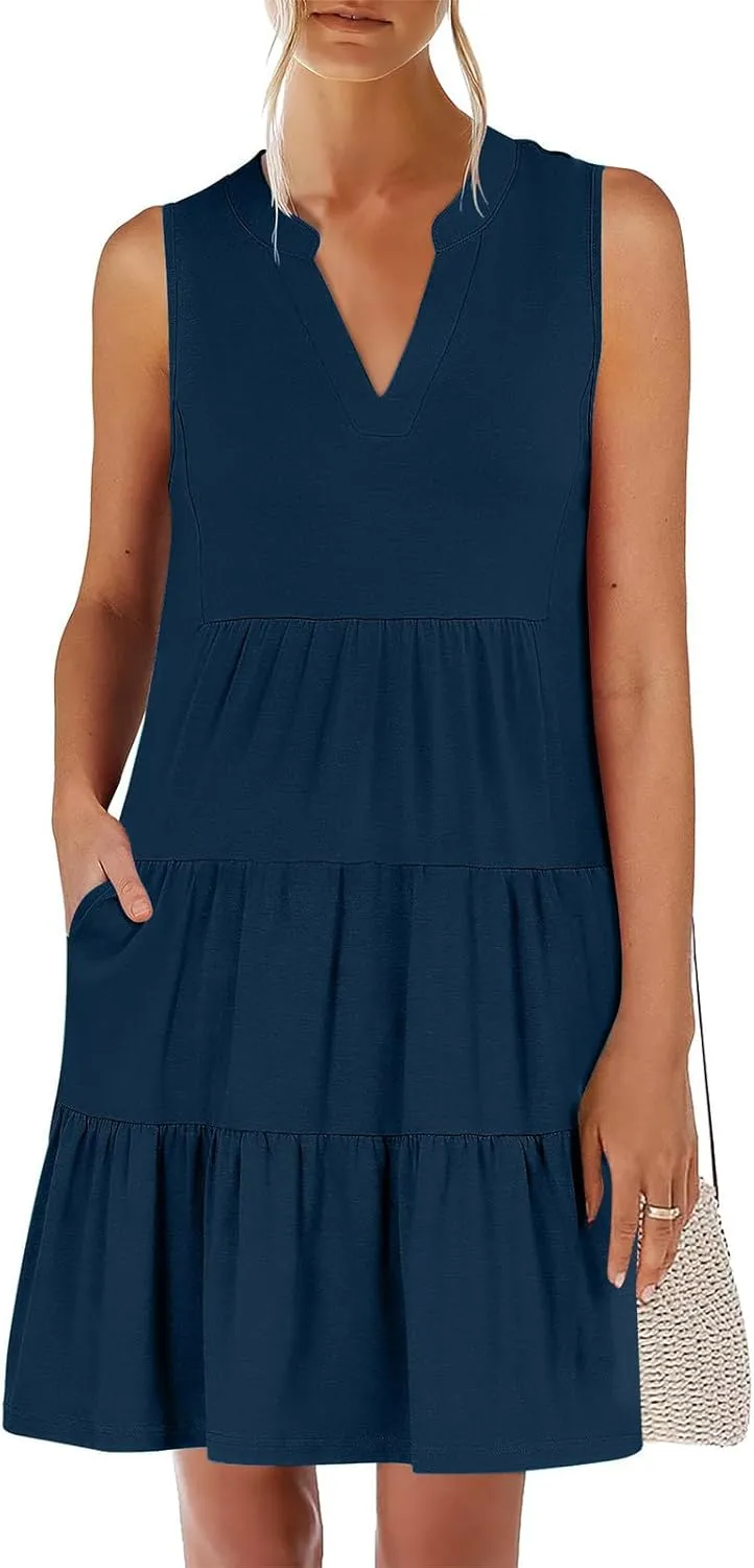 XUNRYAN Womens Tank Dresses Summer Casual Sleeveless V-Neck Tiered Ruffle Flowy Mini Dress Pockets Beach Vacation Outfit