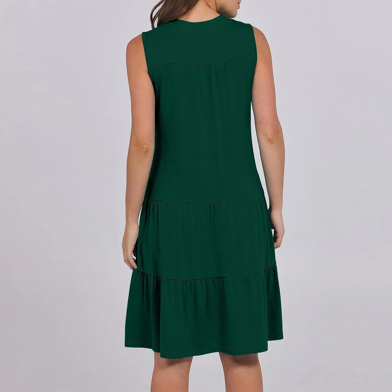 XUNRYAN Womens Tank Dresses Summer Casual Sleeveless V-Neck Tiered Ruffle Flowy Mini Dress Pockets Beach Vacation Outfit