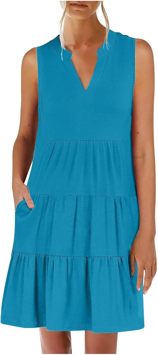 XUNRYAN Womens Tank Dresses Summer Casual Sleeveless V-Neck Tiered Ruffle Flowy Mini Dress Pockets Beach Vacation Outfit