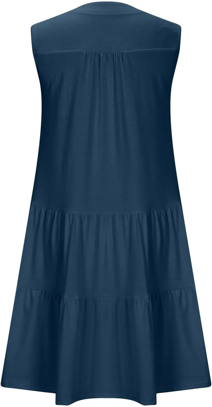 XUNRYAN Womens Tank Dresses Summer Casual Sleeveless V-Neck Tiered Ruffle Flowy Mini Dress Pockets Beach Vacation Outfit