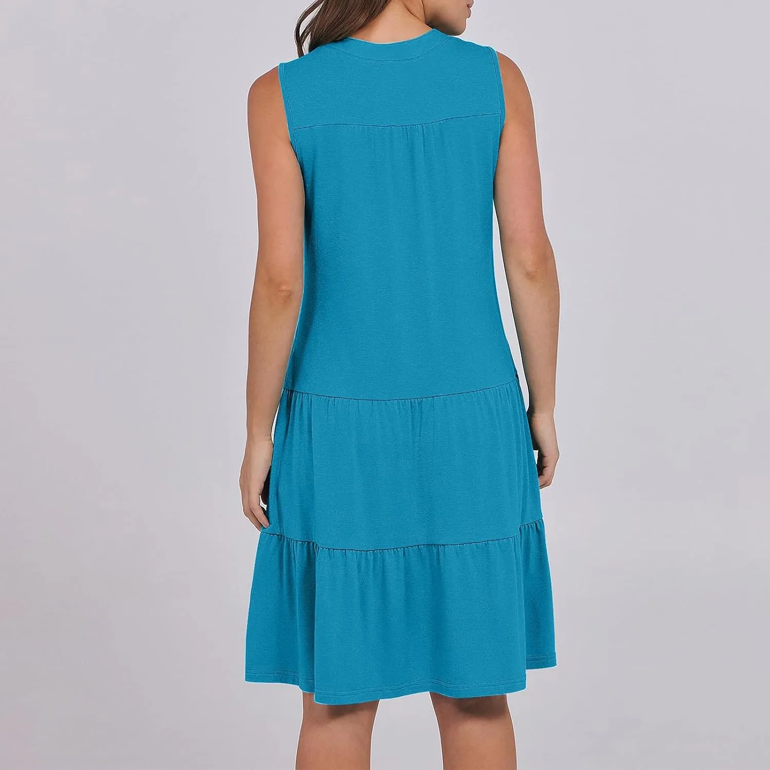 XUNRYAN Womens Tank Dresses Summer Casual Sleeveless V-Neck Tiered Ruffle Flowy Mini Dress Pockets Beach Vacation Outfit