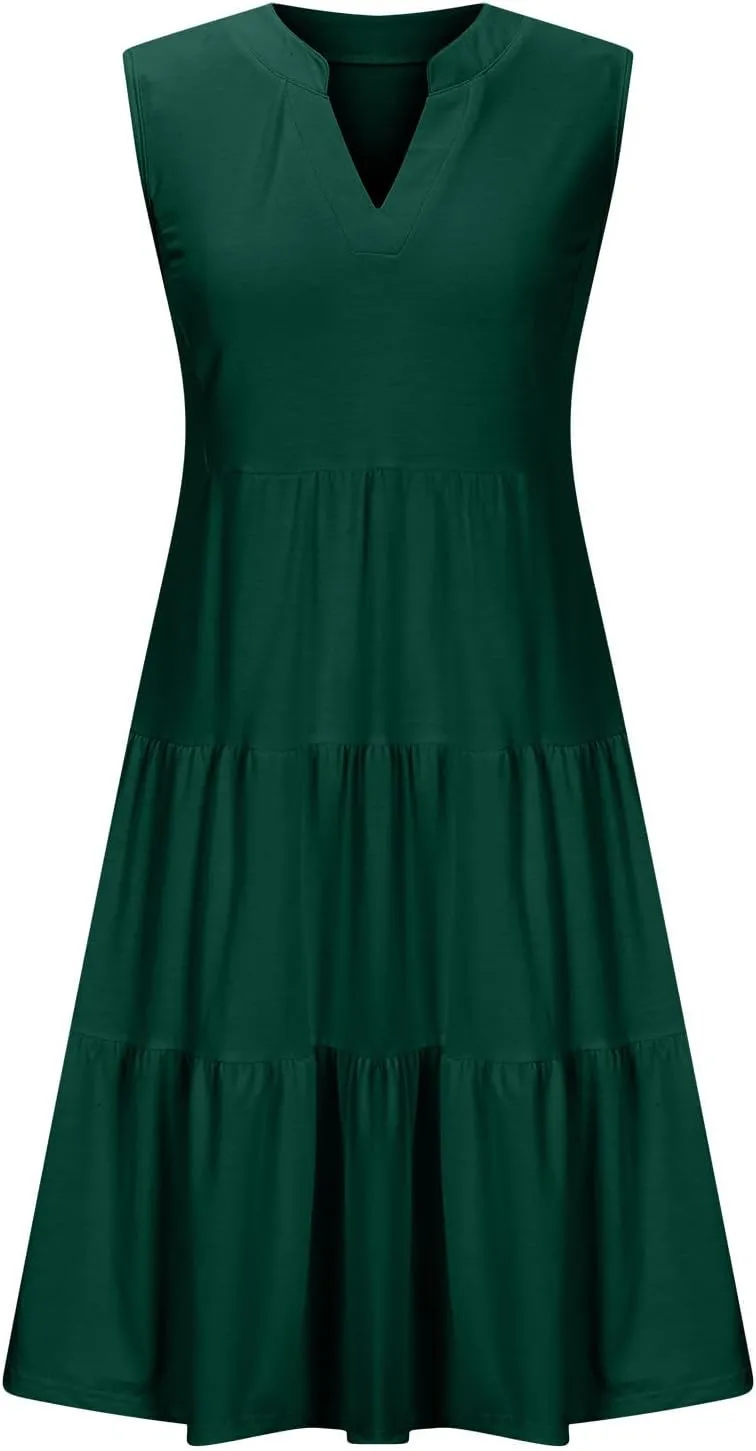 XUNRYAN Womens Tank Dresses Summer Casual Sleeveless V-Neck Tiered Ruffle Flowy Mini Dress Pockets Beach Vacation Outfit