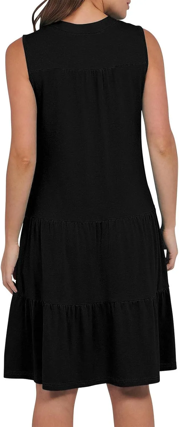 XUNRYAN Womens Tank Dresses Summer Casual Sleeveless V-Neck Tiered Ruffle Flowy Mini Dress Pockets Beach Vacation Outfit