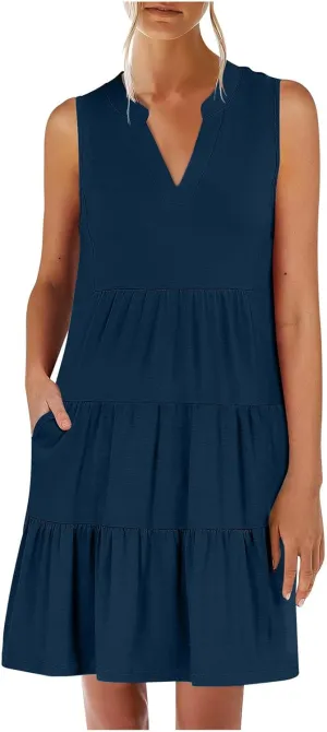 XUNRYAN Womens Tank Dresses Summer Casual Sleeveless V-Neck Tiered Ruffle Flowy Mini Dress Pockets Beach Vacation Outfit