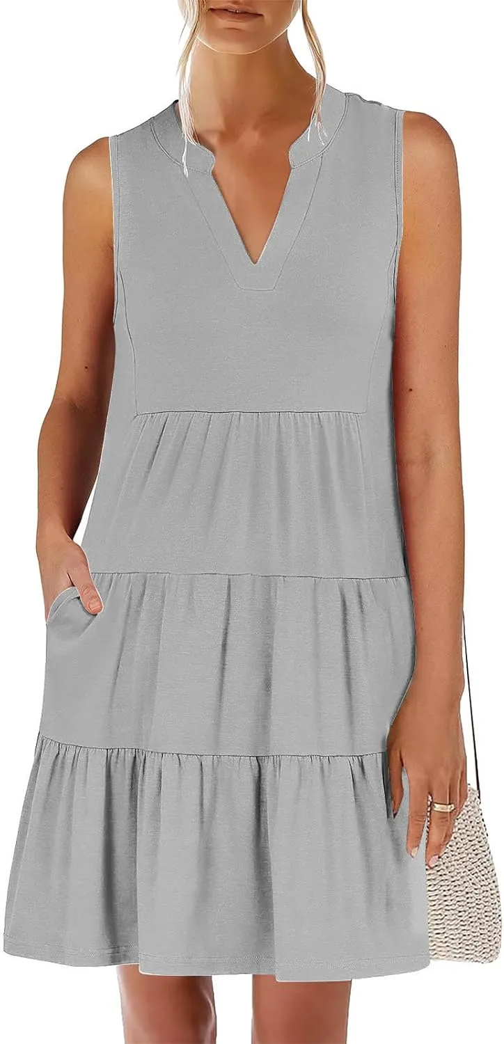 XUNRYAN Womens Tank Dresses Summer Casual Sleeveless V-Neck Tiered Ruffle Flowy Mini Dress Pockets Beach Vacation Outfit