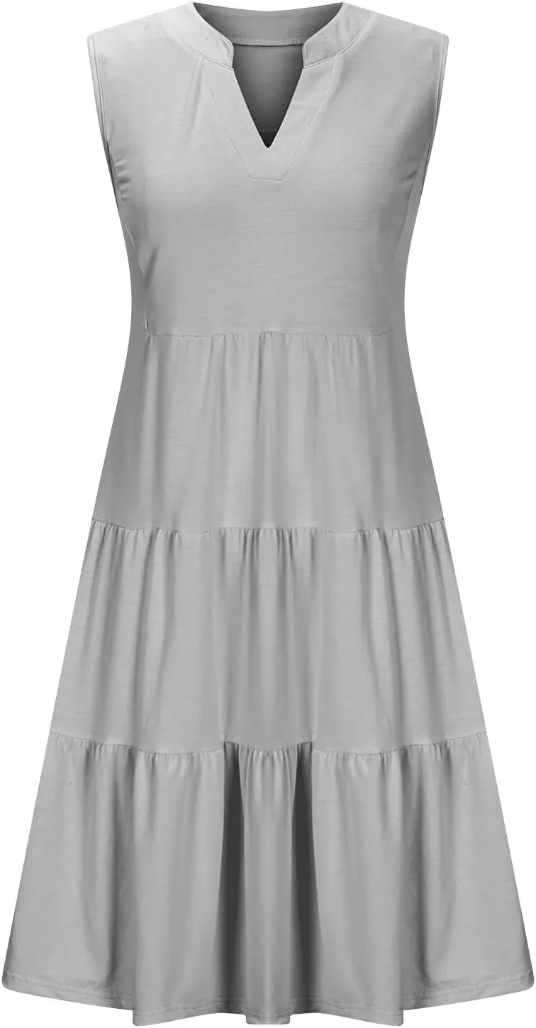 XUNRYAN Womens Tank Dresses Summer Casual Sleeveless V-Neck Tiered Ruffle Flowy Mini Dress Pockets Beach Vacation Outfit