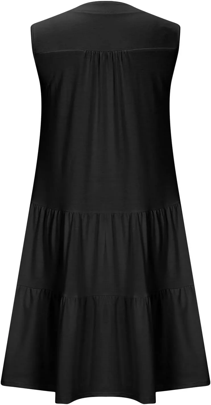 XUNRYAN Womens Tank Dresses Summer Casual Sleeveless V-Neck Tiered Ruffle Flowy Mini Dress Pockets Beach Vacation Outfit