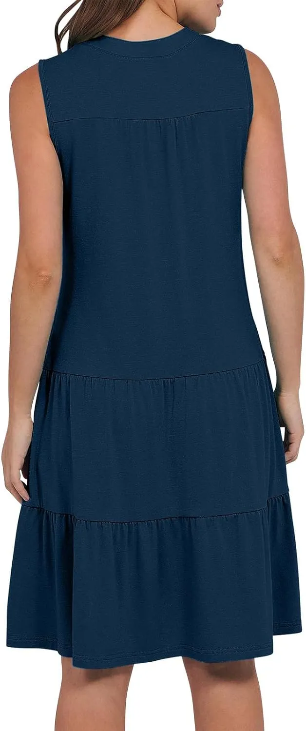 XUNRYAN Womens Tank Dresses Summer Casual Sleeveless V-Neck Tiered Ruffle Flowy Mini Dress Pockets Beach Vacation Outfit