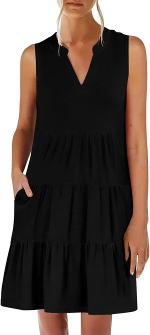 XUNRYAN Womens Tank Dresses Summer Casual Sleeveless V-Neck Tiered Ruffle Flowy Mini Dress Pockets Beach Vacation Outfit