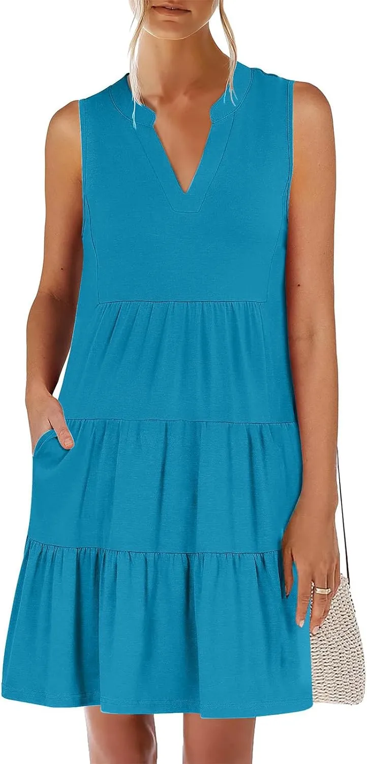 XUNRYAN Womens Tank Dresses Summer Casual Sleeveless V-Neck Tiered Ruffle Flowy Mini Dress Pockets Beach Vacation Outfit
