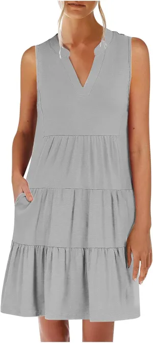 XUNRYAN Womens Tank Dresses Summer Casual Sleeveless V-Neck Tiered Ruffle Flowy Mini Dress Pockets Beach Vacation Outfit
