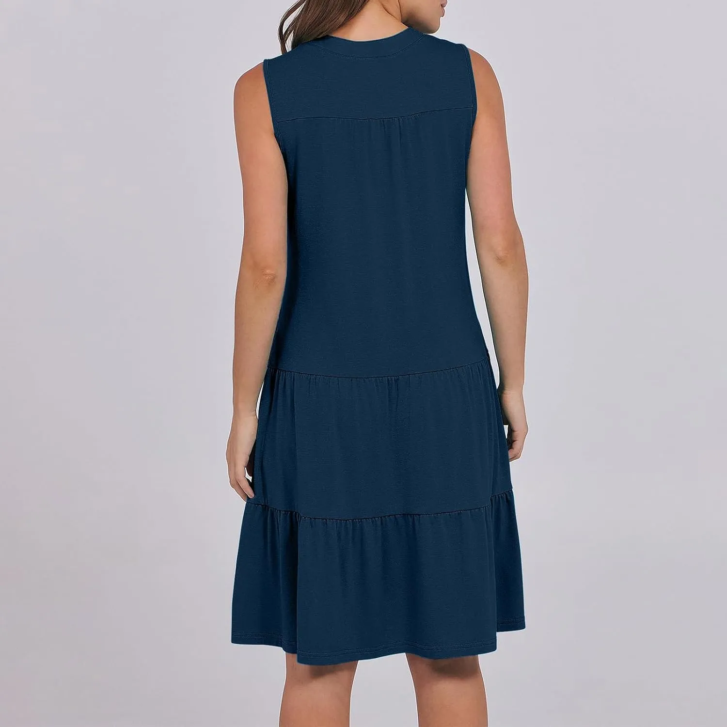 XUNRYAN Womens Tank Dresses Summer Casual Sleeveless V-Neck Tiered Ruffle Flowy Mini Dress Pockets Beach Vacation Outfit