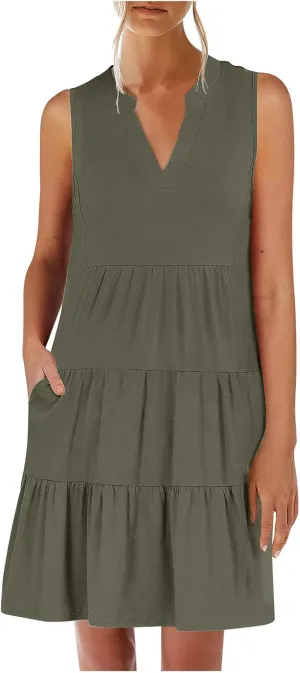 XUNRYAN Womens Tank Dresses Summer Casual Sleeveless V-Neck Tiered Ruffle Flowy Mini Dress Pockets Beach Vacation Outfit