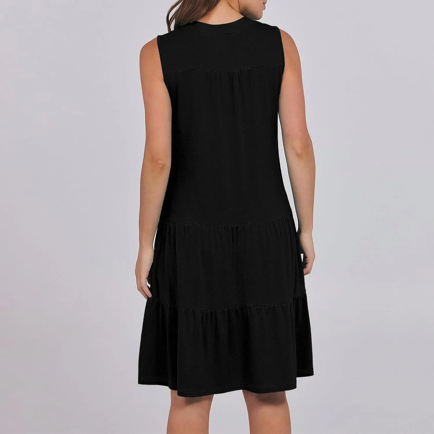 XUNRYAN Womens Tank Dresses Summer Casual Sleeveless V-Neck Tiered Ruffle Flowy Mini Dress Pockets Beach Vacation Outfit
