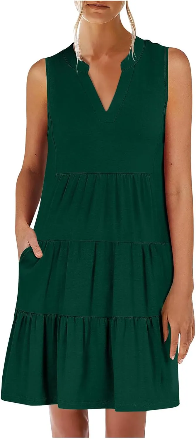 XUNRYAN Womens Tank Dresses Summer Casual Sleeveless V-Neck Tiered Ruffle Flowy Mini Dress Pockets Beach Vacation Outfit