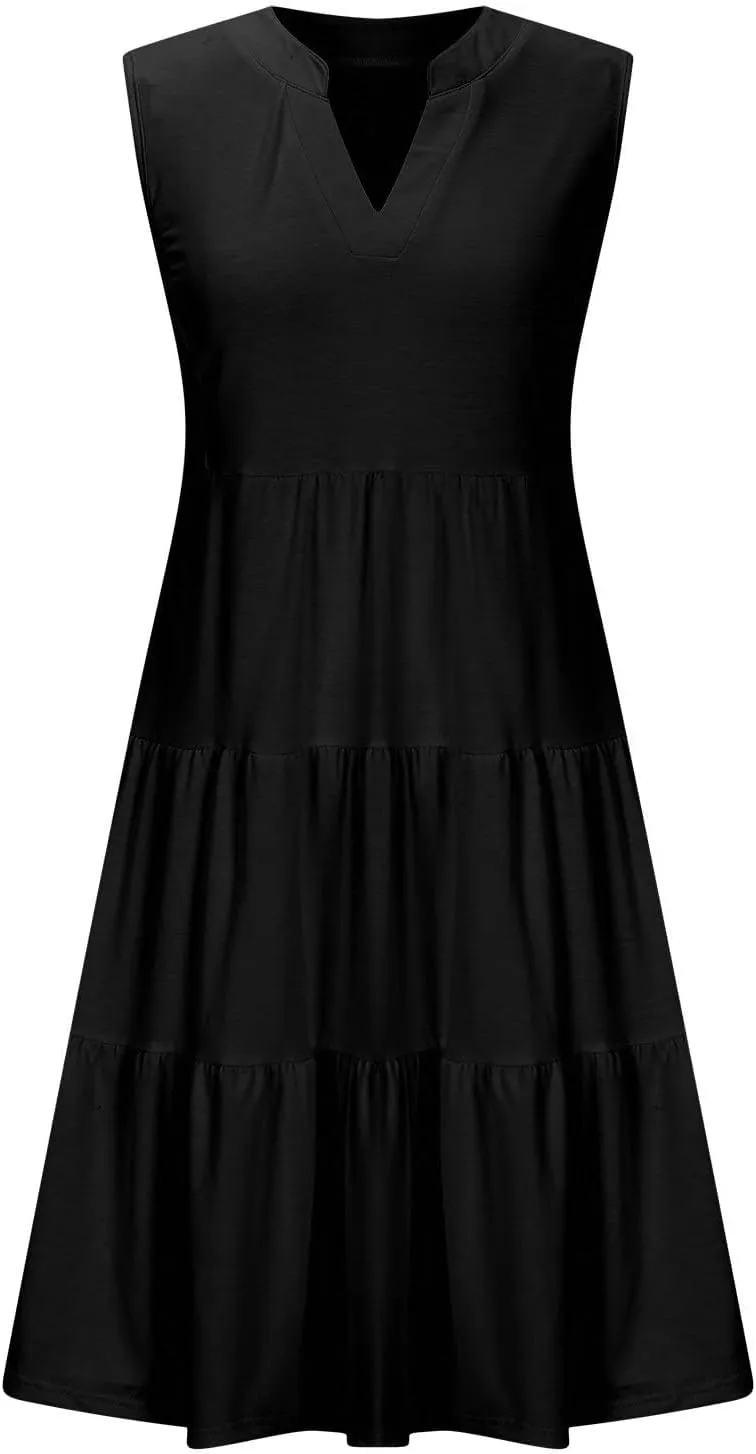XUNRYAN Womens Tank Dresses Summer Casual Sleeveless V-Neck Tiered Ruffle Flowy Mini Dress Pockets Beach Vacation Outfit