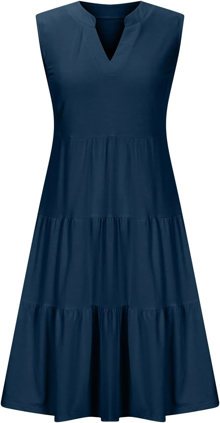 XUNRYAN Womens Tank Dresses Summer Casual Sleeveless V-Neck Tiered Ruffle Flowy Mini Dress Pockets Beach Vacation Outfit