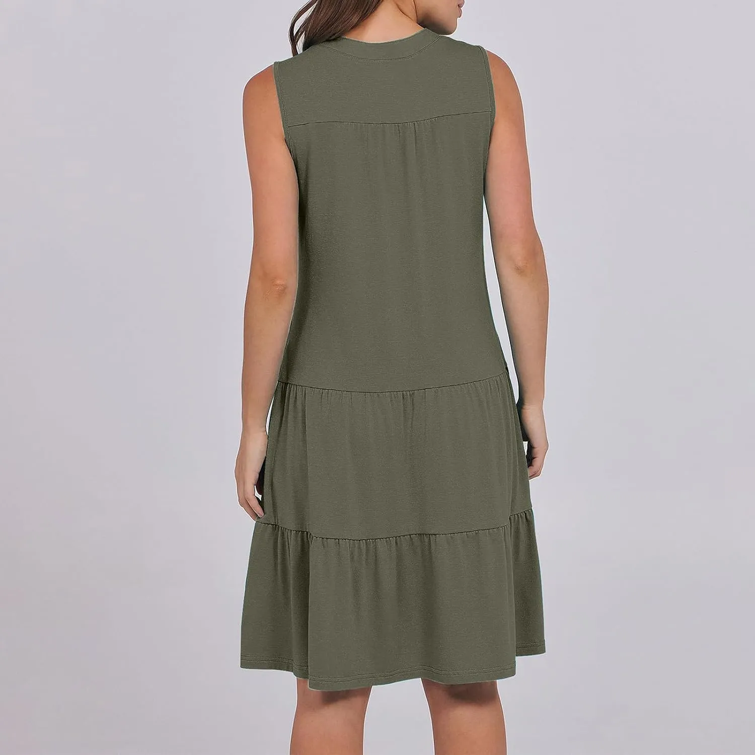 XUNRYAN Womens Tank Dresses Summer Casual Sleeveless V-Neck Tiered Ruffle Flowy Mini Dress Pockets Beach Vacation Outfit
