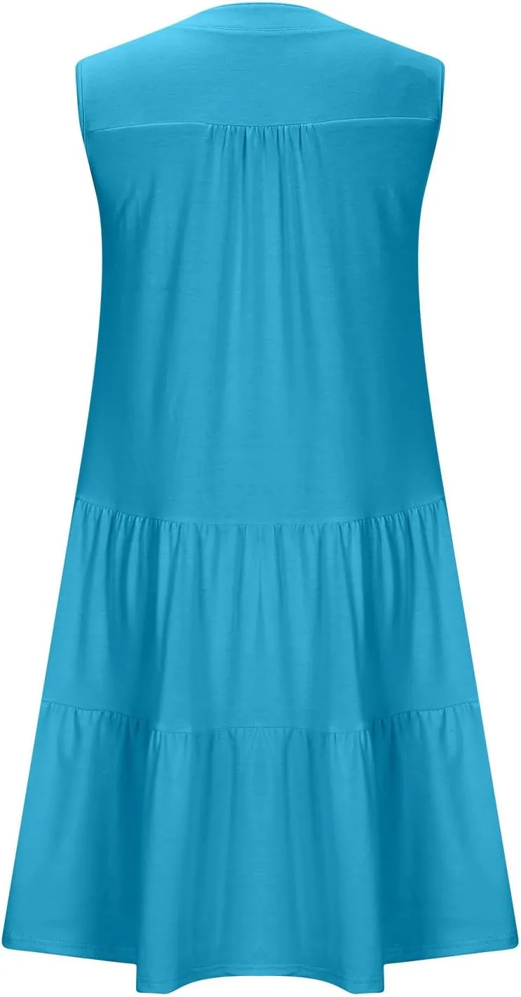 XUNRYAN Womens Tank Dresses Summer Casual Sleeveless V-Neck Tiered Ruffle Flowy Mini Dress Pockets Beach Vacation Outfit