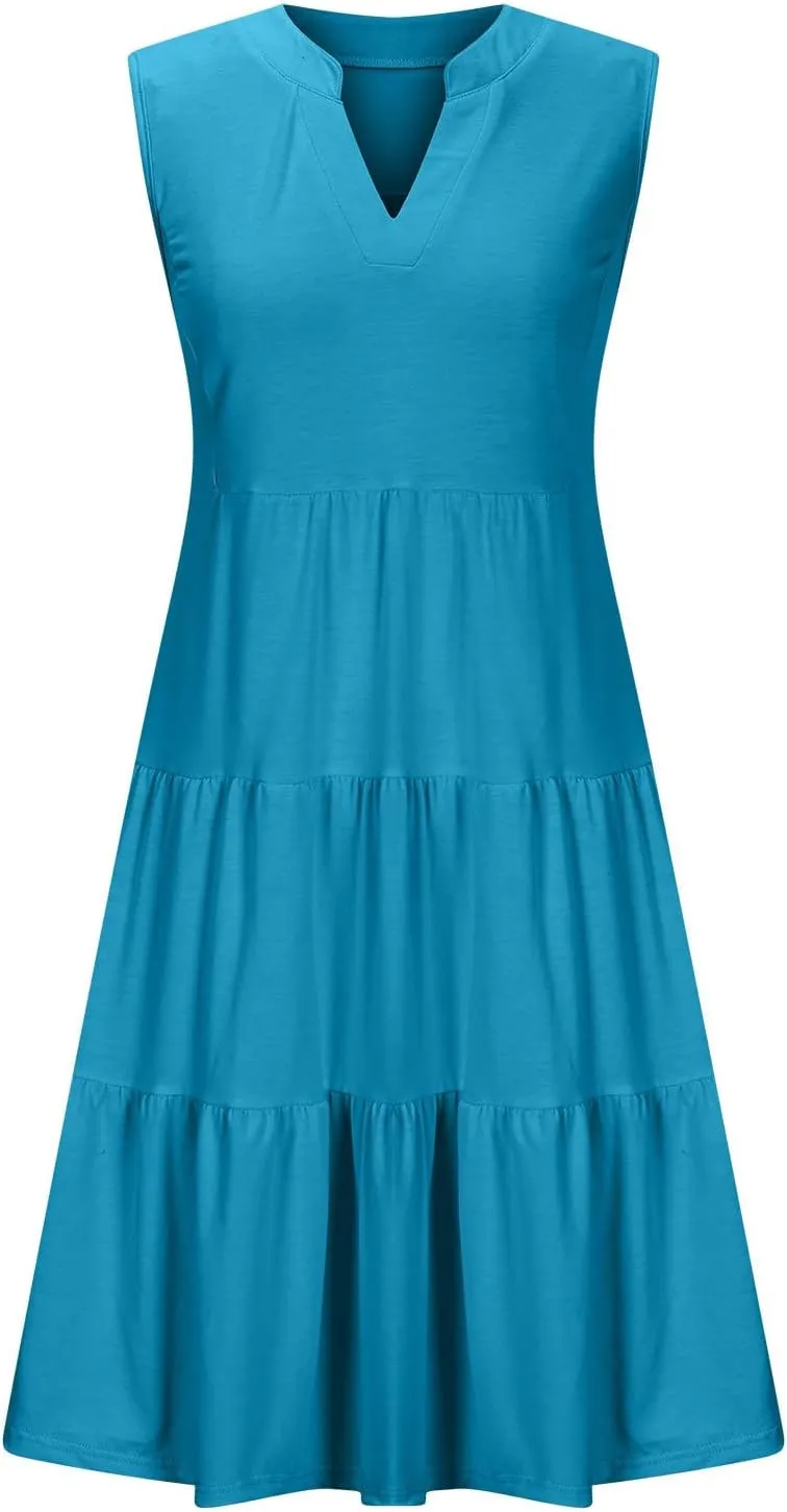 XUNRYAN Womens Tank Dresses Summer Casual Sleeveless V-Neck Tiered Ruffle Flowy Mini Dress Pockets Beach Vacation Outfit