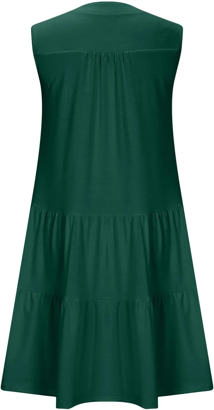 XUNRYAN Womens Tank Dresses Summer Casual Sleeveless V-Neck Tiered Ruffle Flowy Mini Dress Pockets Beach Vacation Outfit