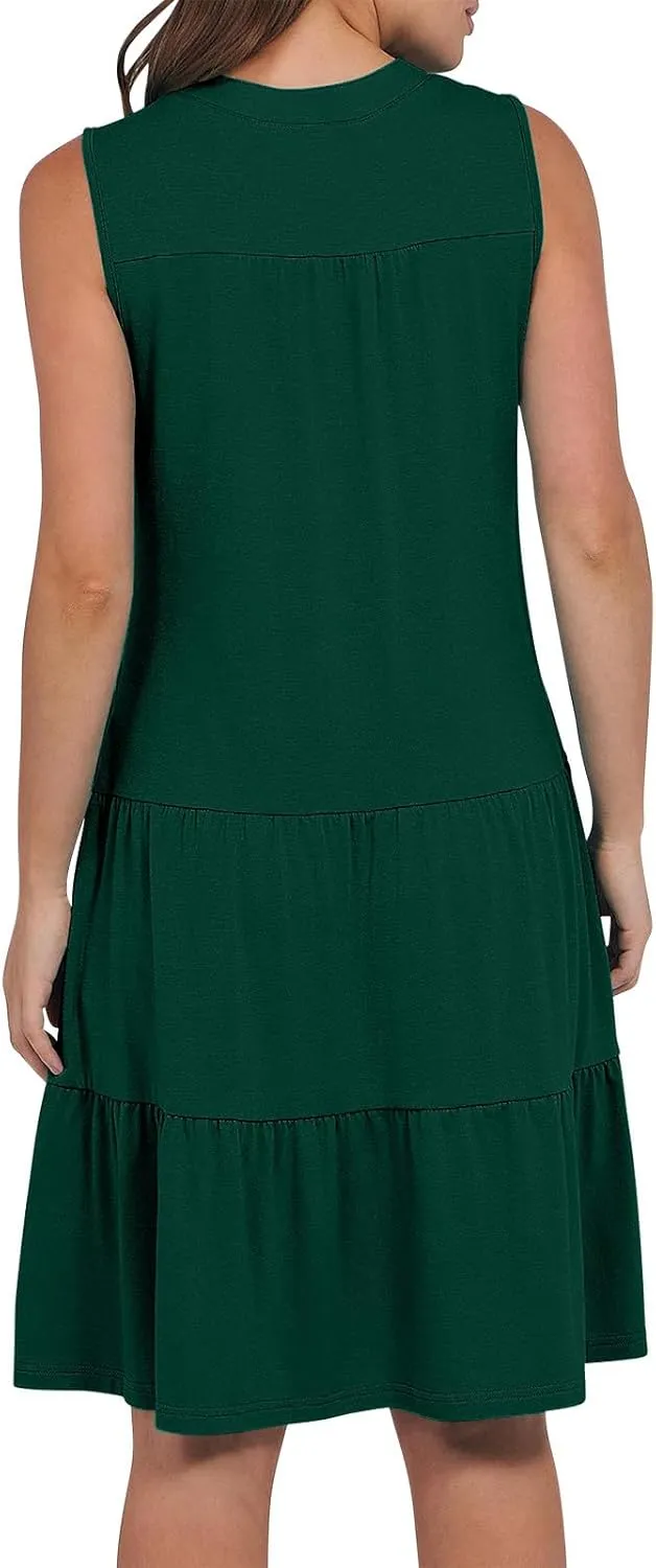 XUNRYAN Womens Tank Dresses Summer Casual Sleeveless V-Neck Tiered Ruffle Flowy Mini Dress Pockets Beach Vacation Outfit